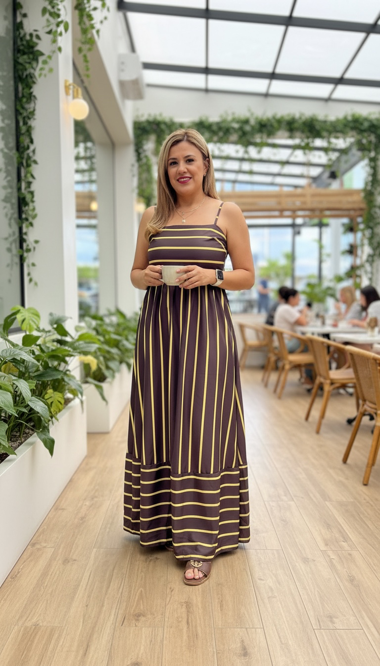 Vestido Café de Tirantes Estampado Rayas Amarillas