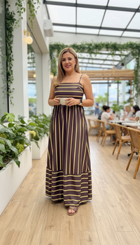 Vestido Café de Tirantes Estampado Rayas Amarillas