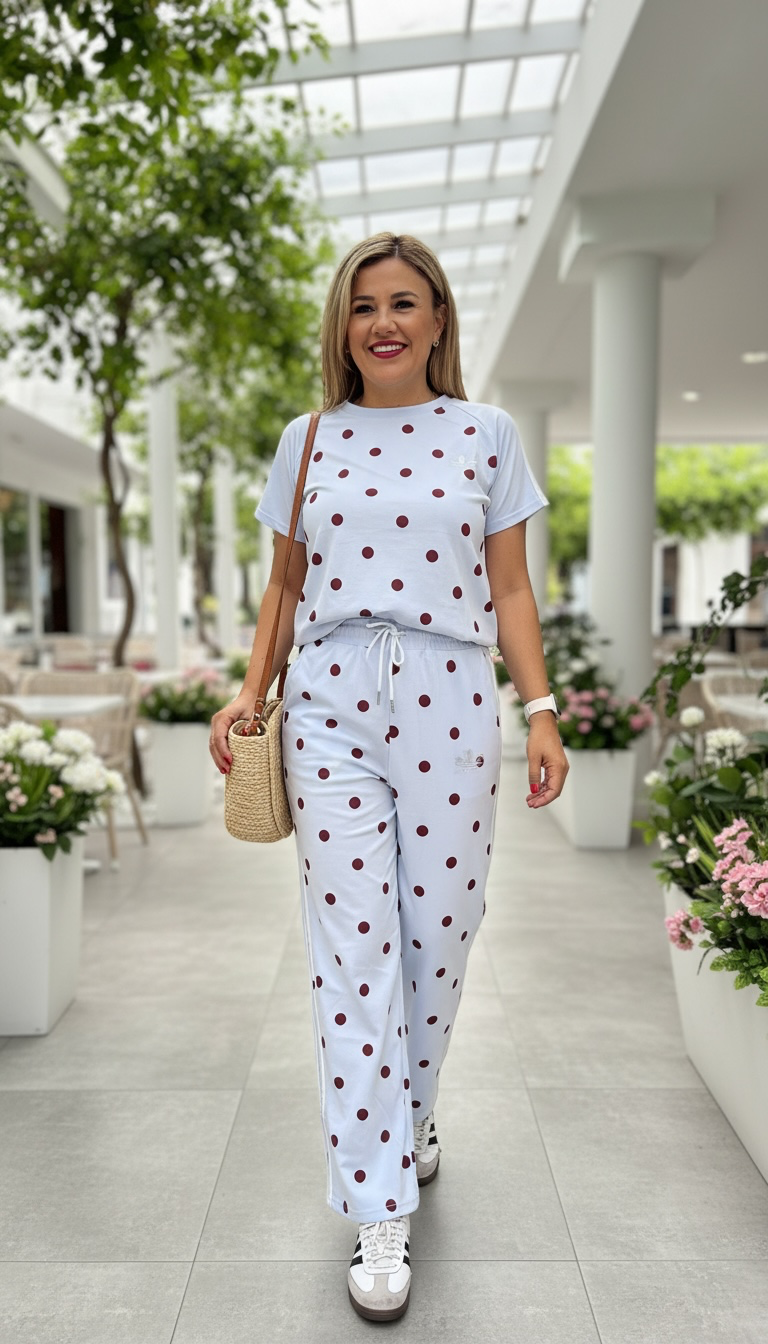 Conjunto Sky Blue de Blusa y Pants Estampado Polka Dots con Logotipo