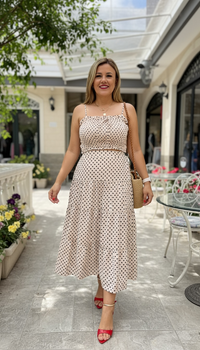 Conjunto Color Cream de Blusa de Tirantes y Falda Estampado Polka Dots