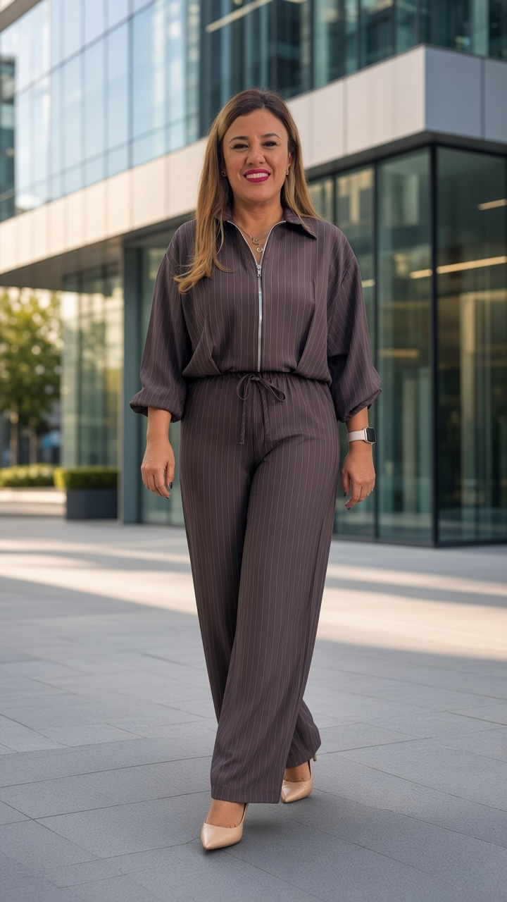Conjunto de Chaquetín de Cierre y Pantalón de Cintura Elástica, Color Café con Estampado a Rayas