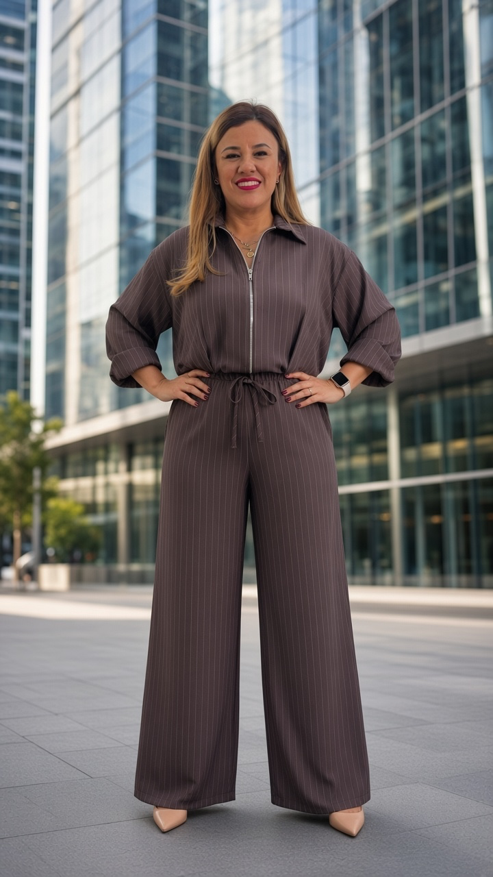 Conjunto de Chaquetín de Cierre y Pantalón de Cintura Elástica, Color Café con Estampado a Rayas