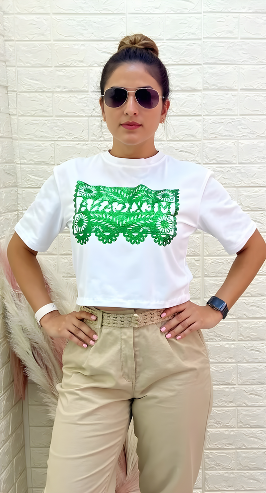 Playera Blanca Estampado Glitter Estilo Papel Picado