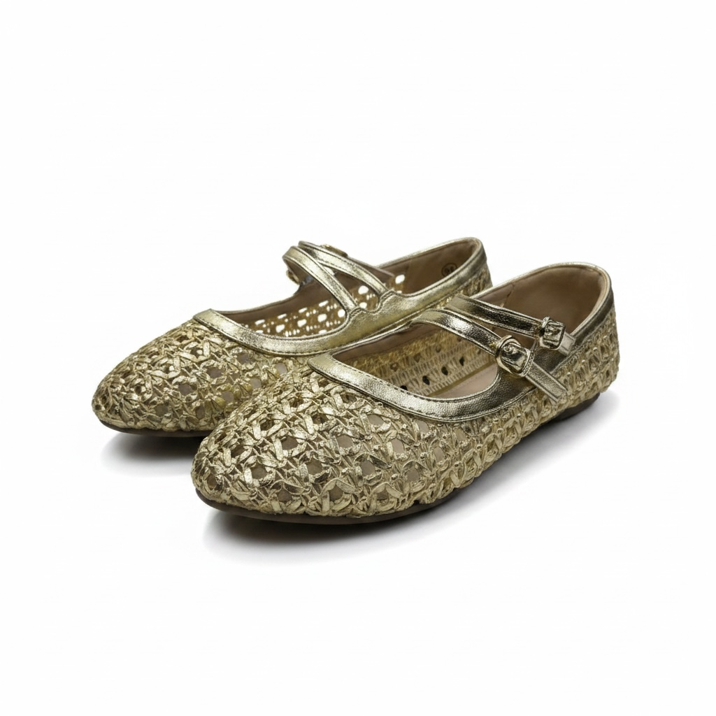 Zapatillas de Malla en Color Dorado con Doble Correa