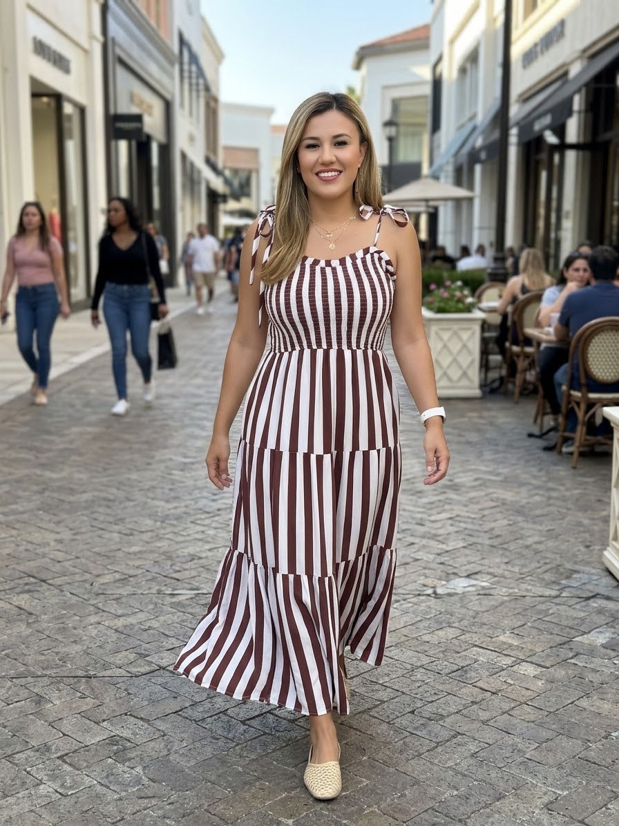Vestido de Tirantes Estampado a Rayas Blanco con Marrón