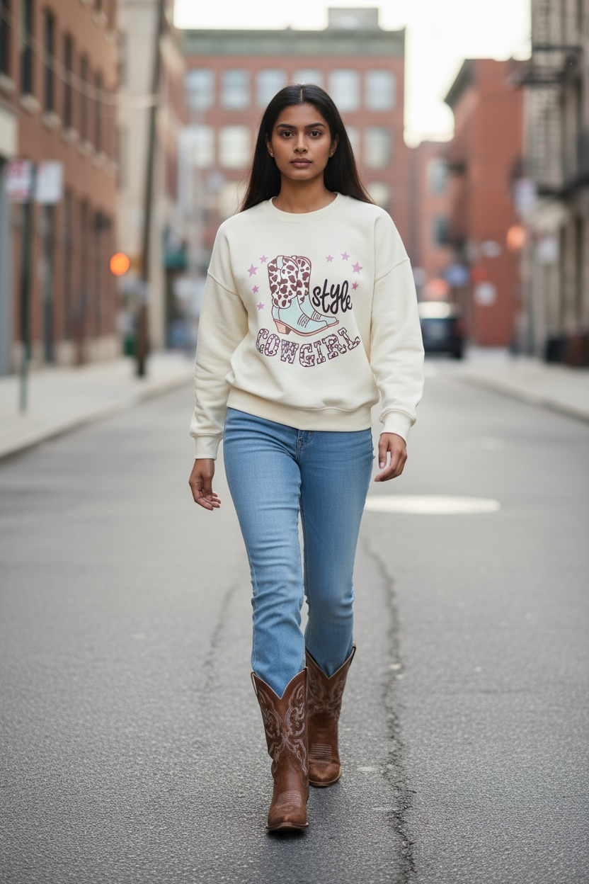 Sudadera Color Cream Estampado Vaquero