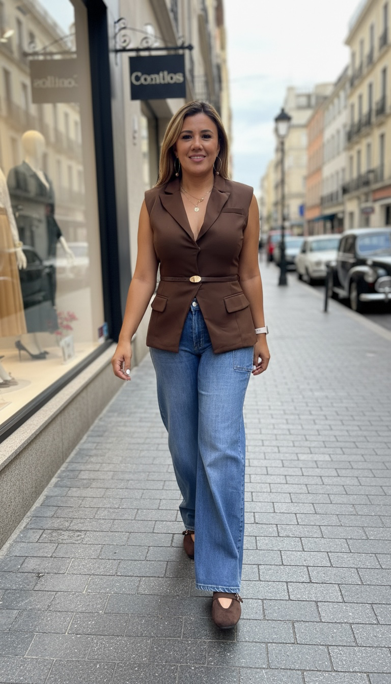 Blusa Café Tipo Chaleco con Cintillo