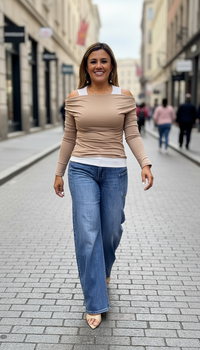 Blusa Beige De Manga Larga con Aplicación de Blusa Interior Blanca