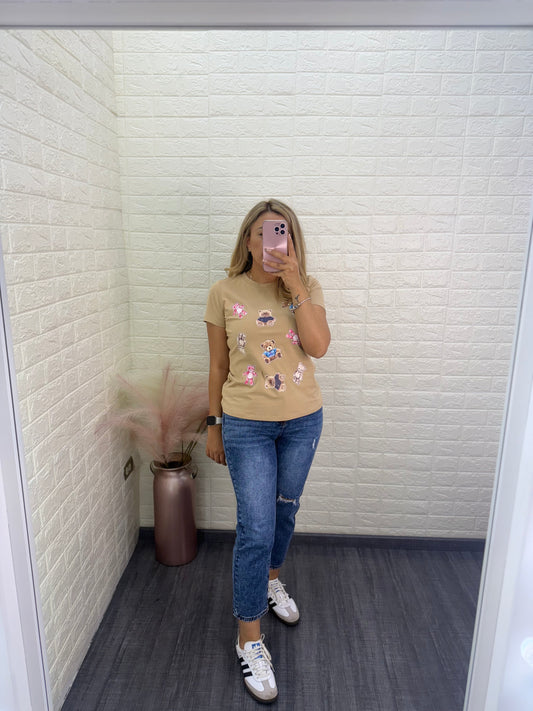 Playera Beige Estampado Osos de Colores