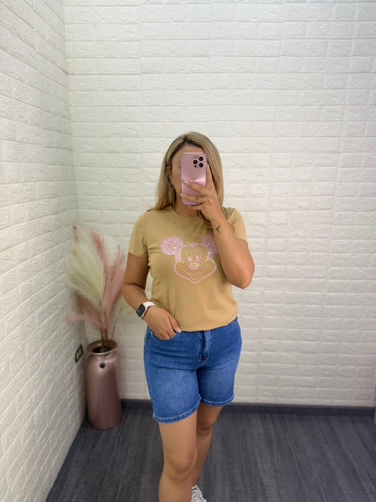 Blusa Beige Estampado con Mickey con Lentejuela