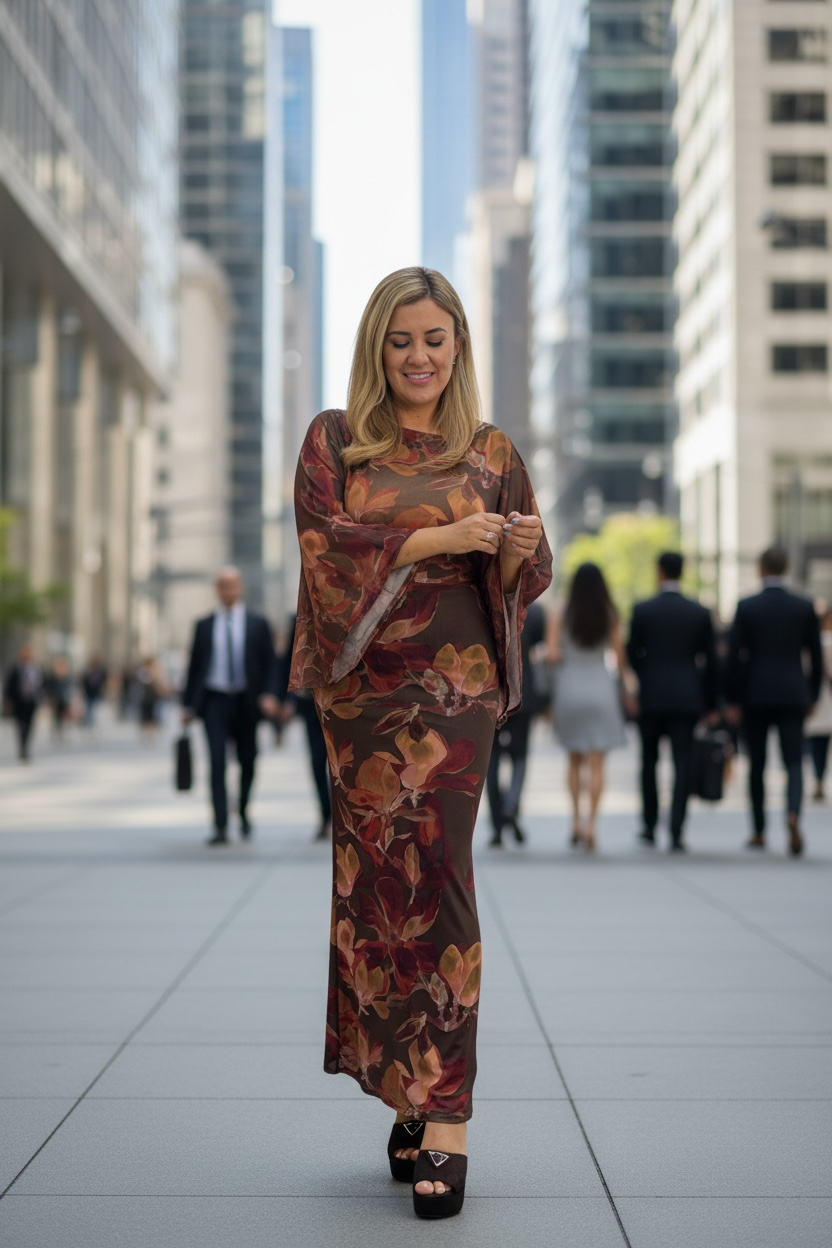 Conjunto Estampado Floral en Mesh de Capa y Falda