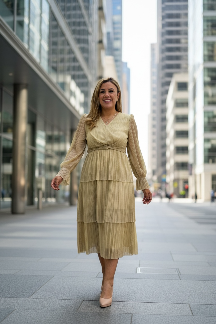 Vestido Color Dorado de Manga Larga con Brillos