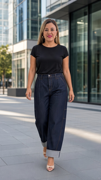 Jeans de Mezclilla Dark Wash con Pinza y Valenciana Corte Barriel Jean