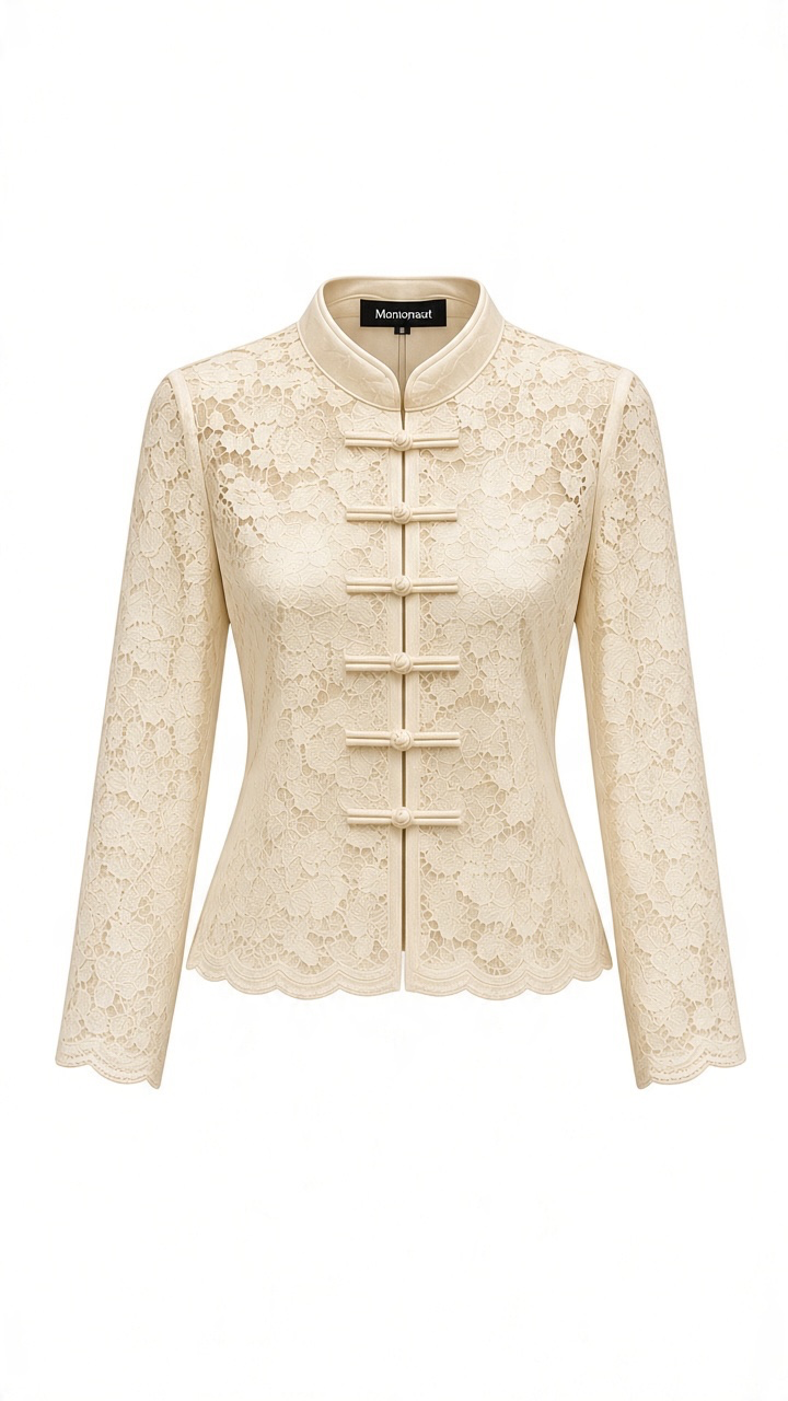 Blusa Ivory de Encaje de Manga Larga con Botones Orientales