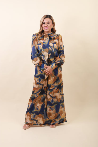 Conjunto Estampado de Blusa y Pantalón de Gasa con Forro