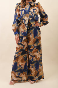 Conjunto Estampado de Blusa y Pantalón de Gasa con Forro