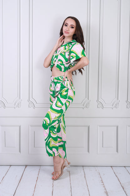 Set de Blusa y Pantalón Estampados Verde con Rosa
