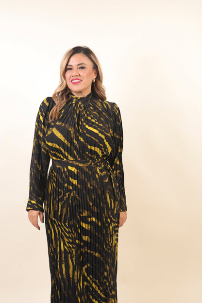 Vestido de Manga de Tablones Estampado Negro con Amarillo