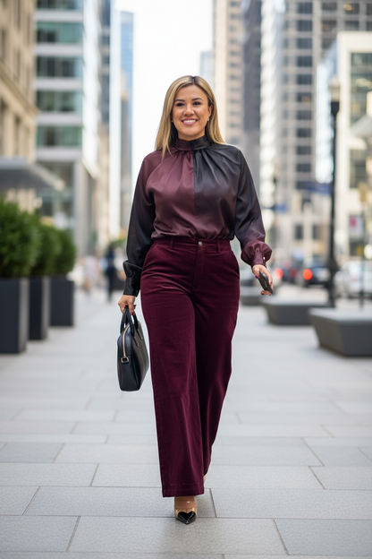 Blusa Satinada Mixta Guindo con Negro