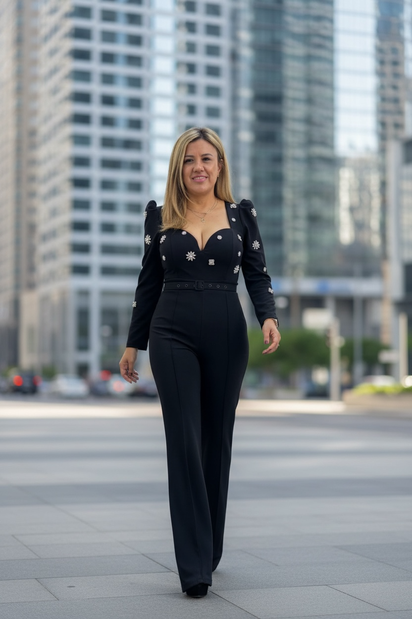 Jumpsuit Negro de Vestir con Aplicaciones de Piedras y con Cinto