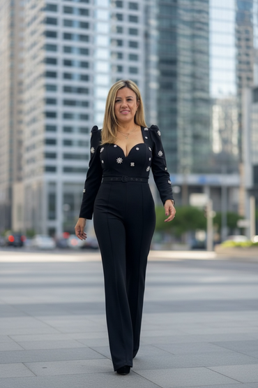 Jumpsuit Negro de Vestir con Aplicaciones de Piedras y con Cinto