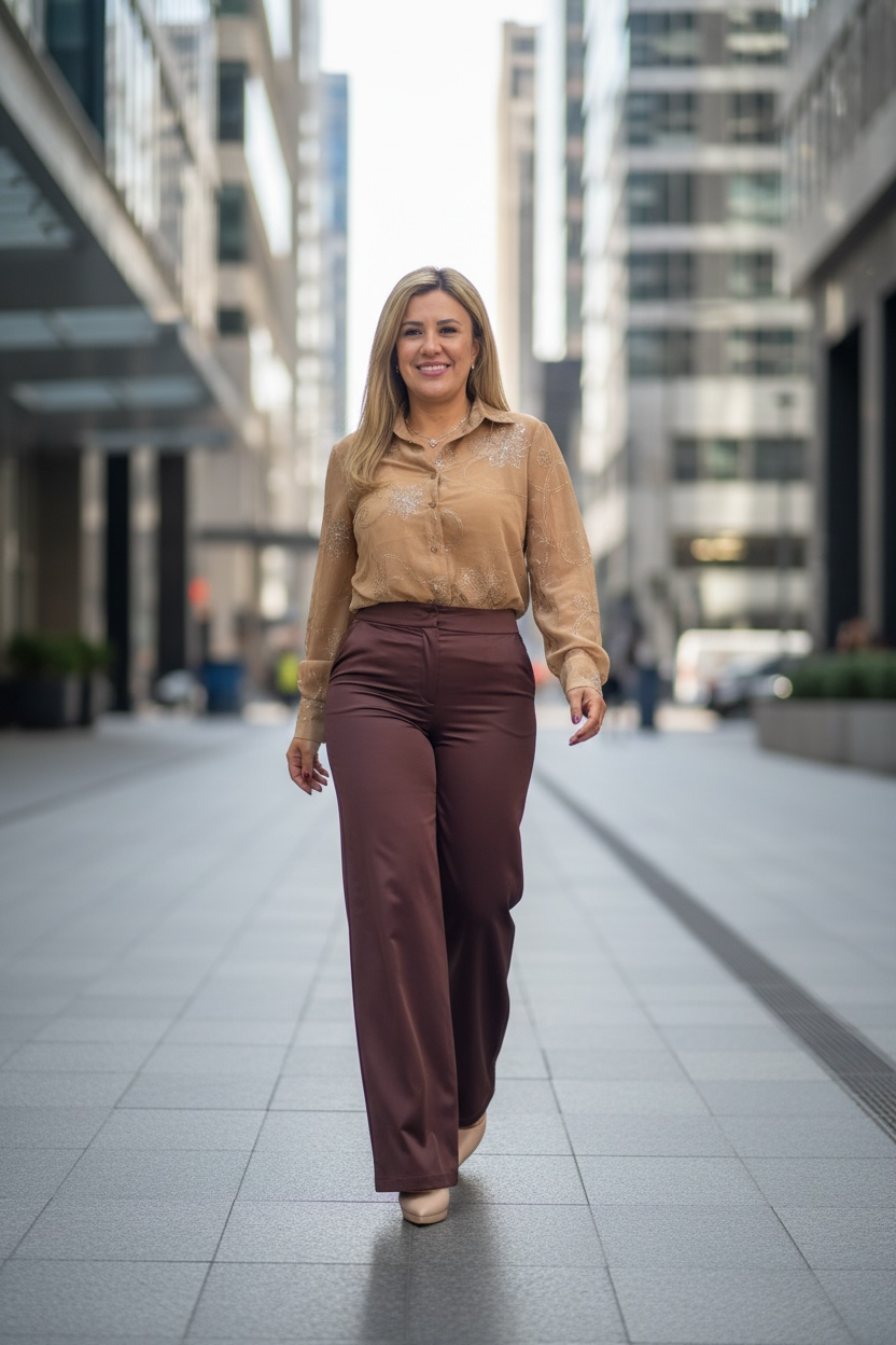 Camisa Beige con Aplicaciones de Flor en Lentejuela
