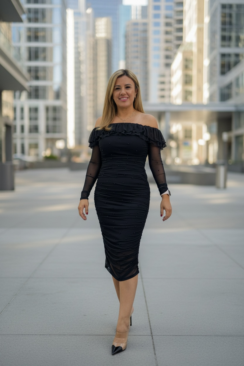 Vestido Negro a los Hombros de Manga Larga con Perlas