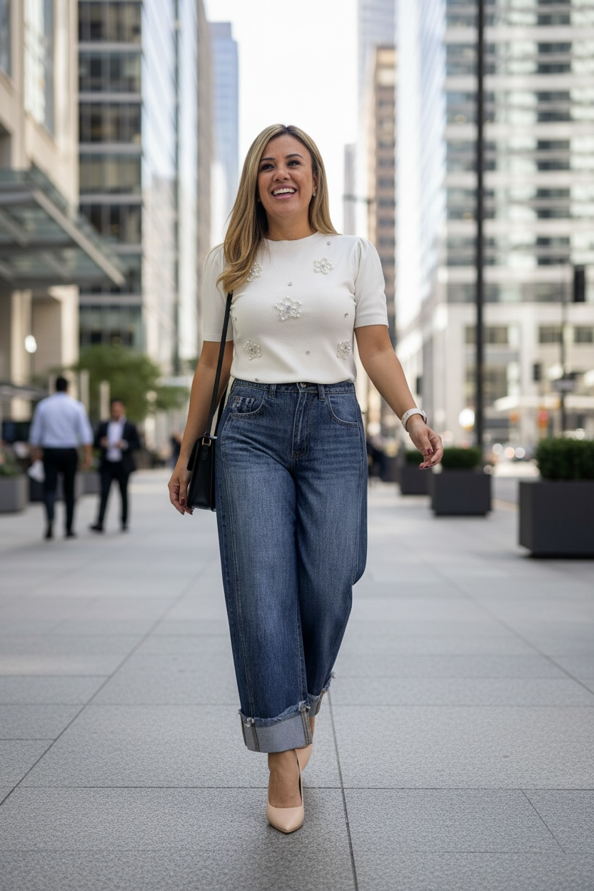 Suéter Ivory de Manga Corta Con Aplicaciones de Perlas en Flor