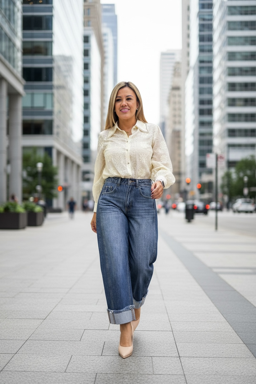 Camisa Ivory con Aplicaciones de Flor en Lentejuela