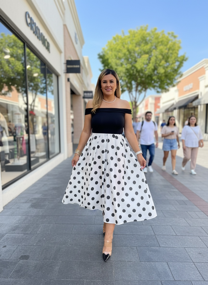 Vestido Mixto Negro con Falda Blanca con Estampado Lunares Negros