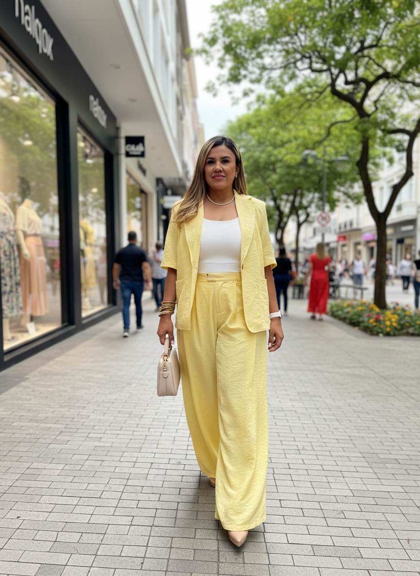 Conjunto Amarillo Pastel Tipo Manta de Blusa y Pantalón