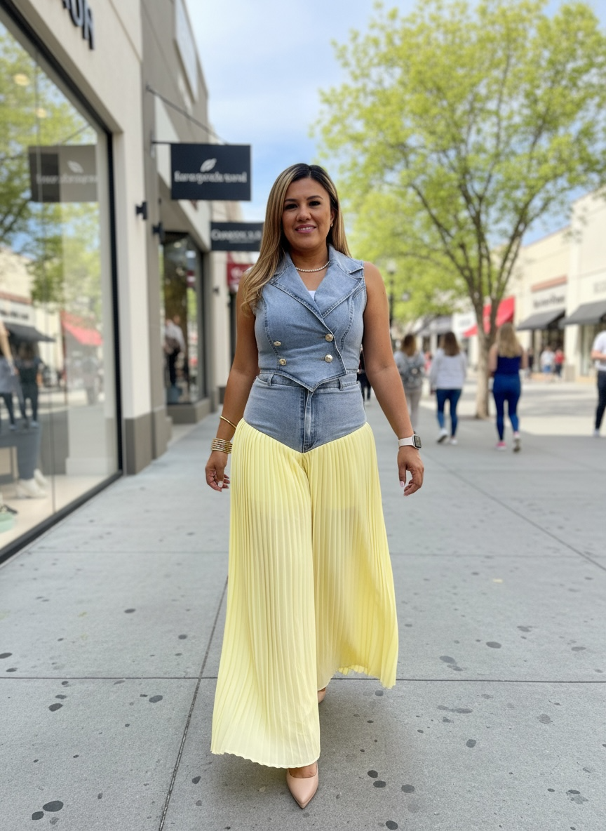 Conjunto de Mezclilla con Falda Amarilla de Tablones