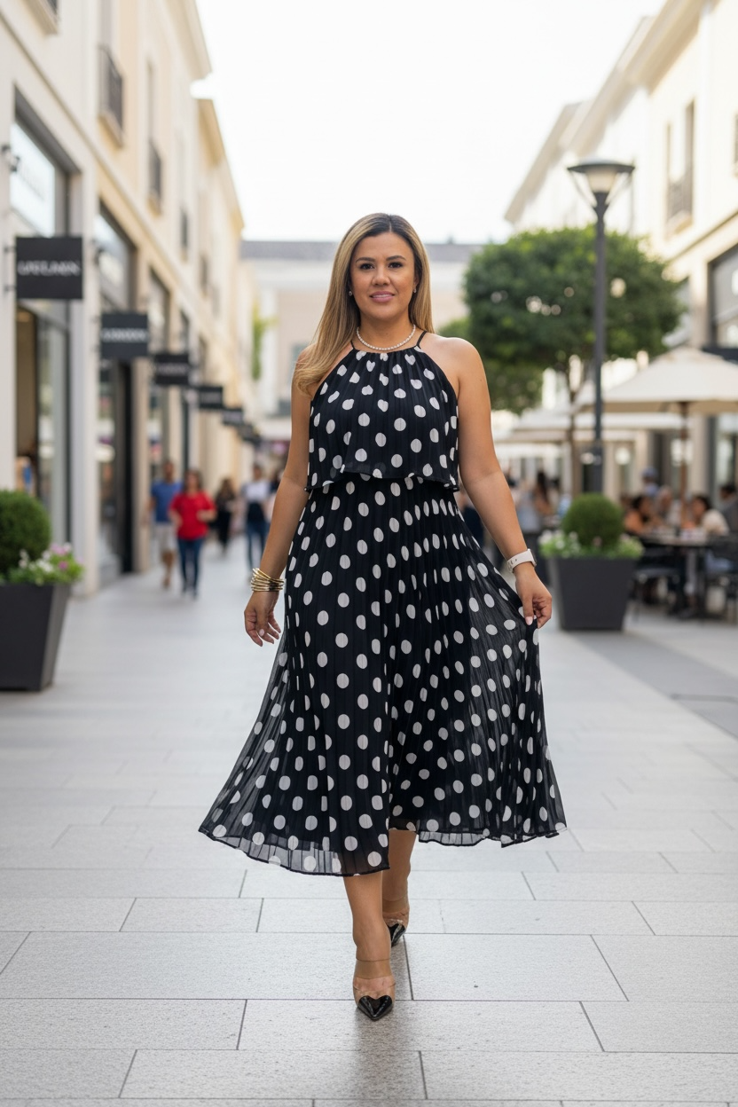 Vestido Negro Halter con Estampado Lunares Blancos