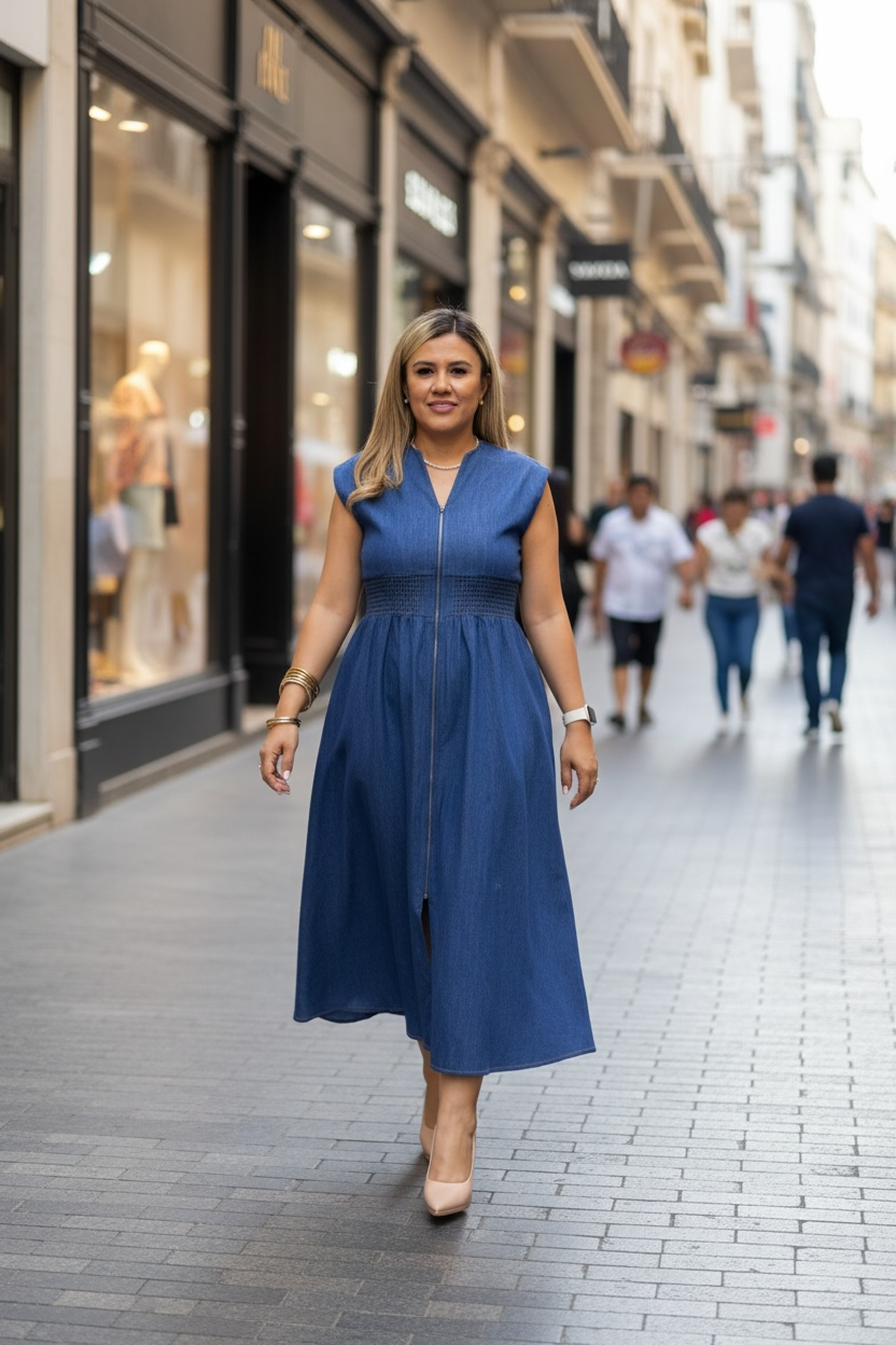 Vestido Azul Mezclilla sin Mangas Cuello V