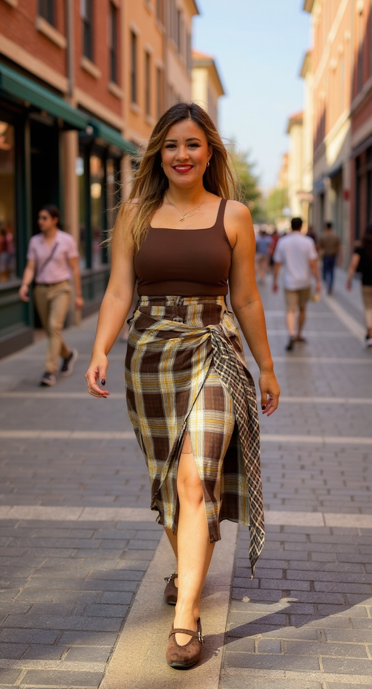 Falda Café Estampado a Cuadros