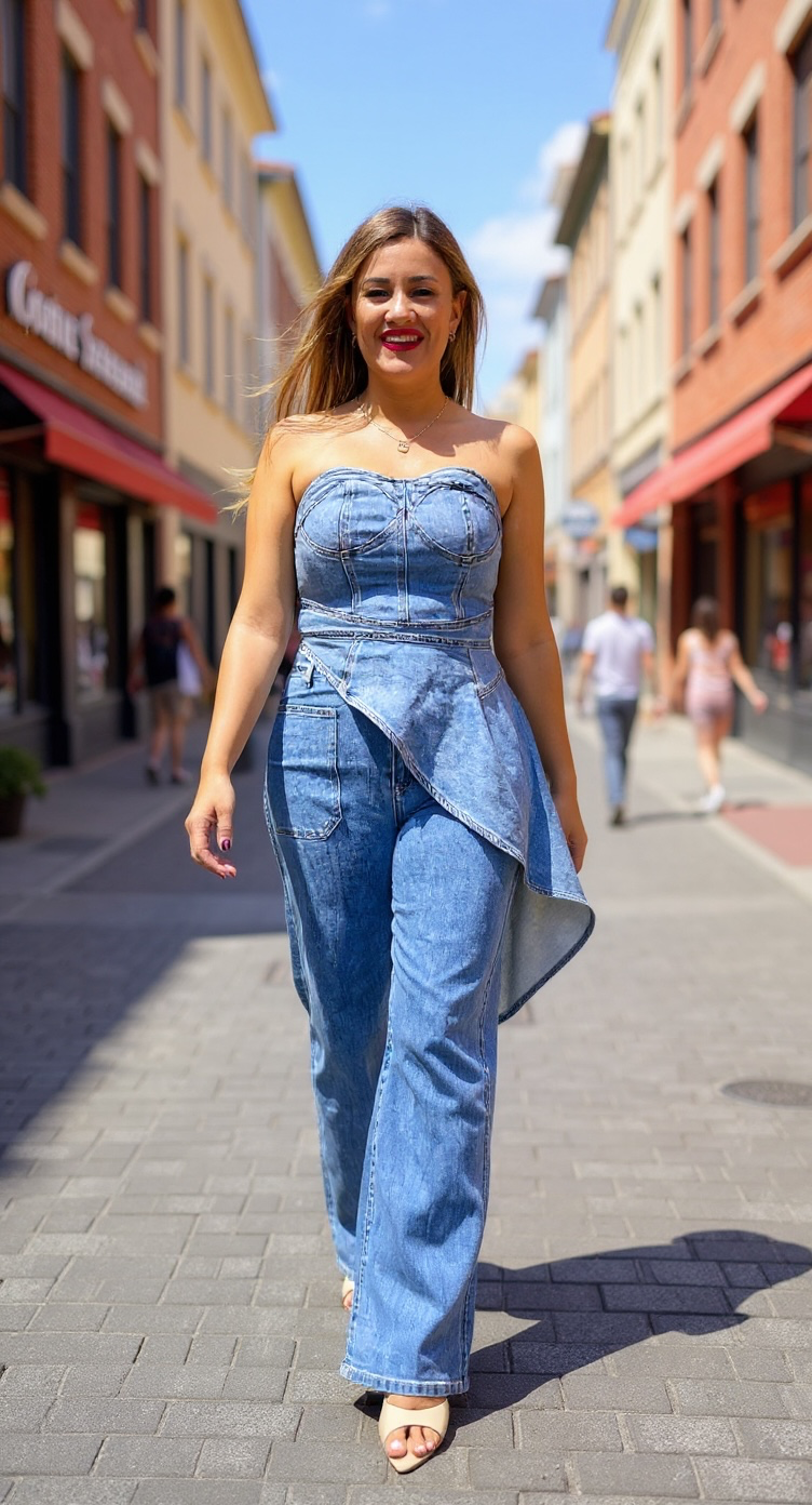 Conjunto de Blusa Asimétrica Straple de Mezclilla y Jeans