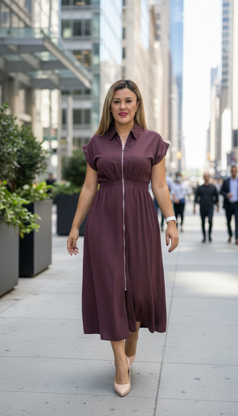 Vestido en Color Vino de Manga Corta con Ziper