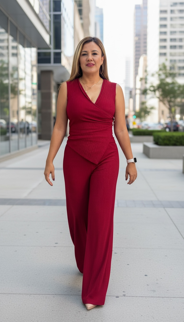 Conjunto Rojo con Textura de Blusa con Botones Decorativos y Pantalon de Cintura Elástica