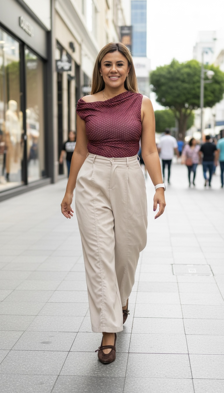 Blusa Guinda Plisada sin Mangas Estampado Lunares Blancos