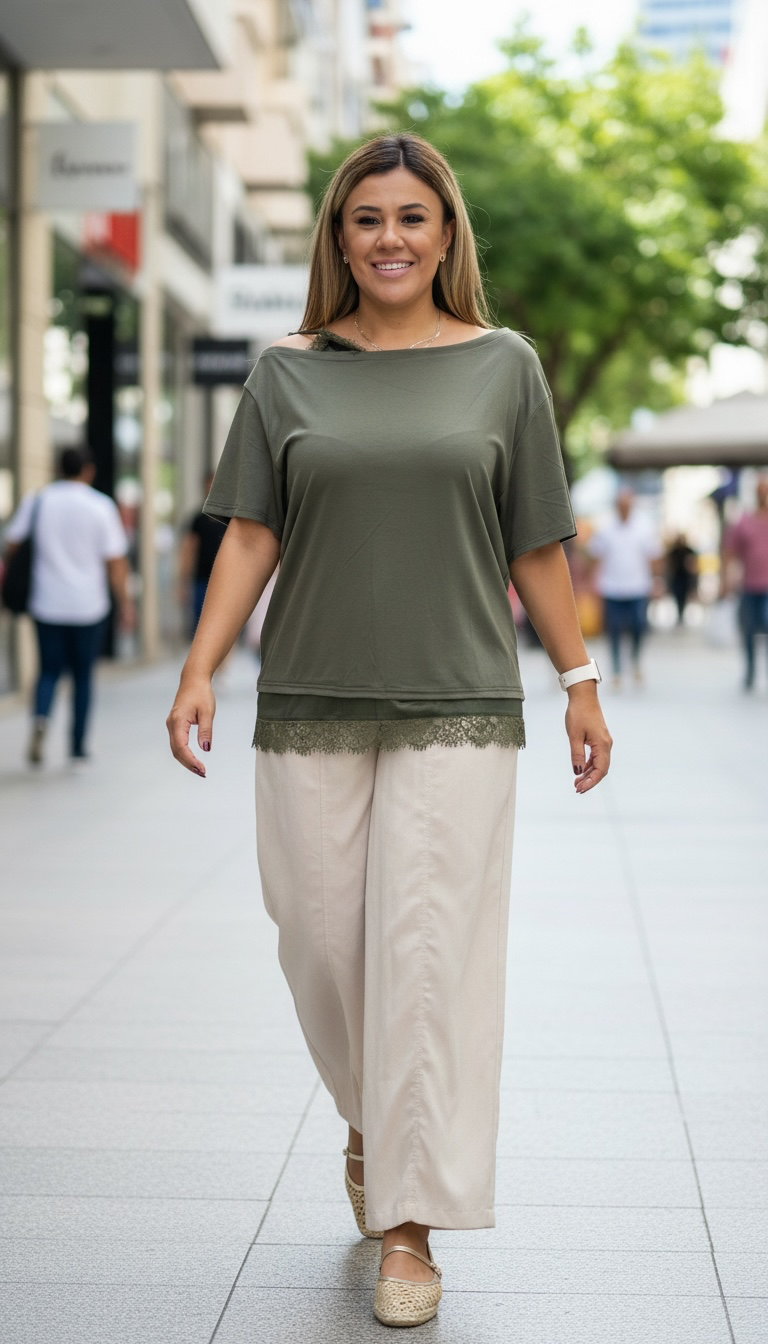 Blusa Verde A Los Hombros de Un Tirante con Aplicaciones Lenceras