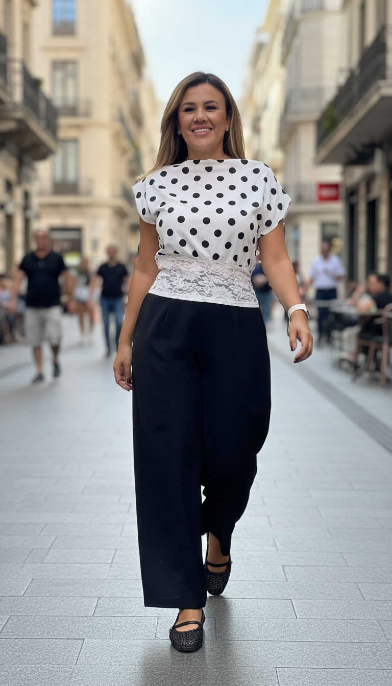 Blusa Blanca Estampado Lunares Negros con Aplicación de Encaje