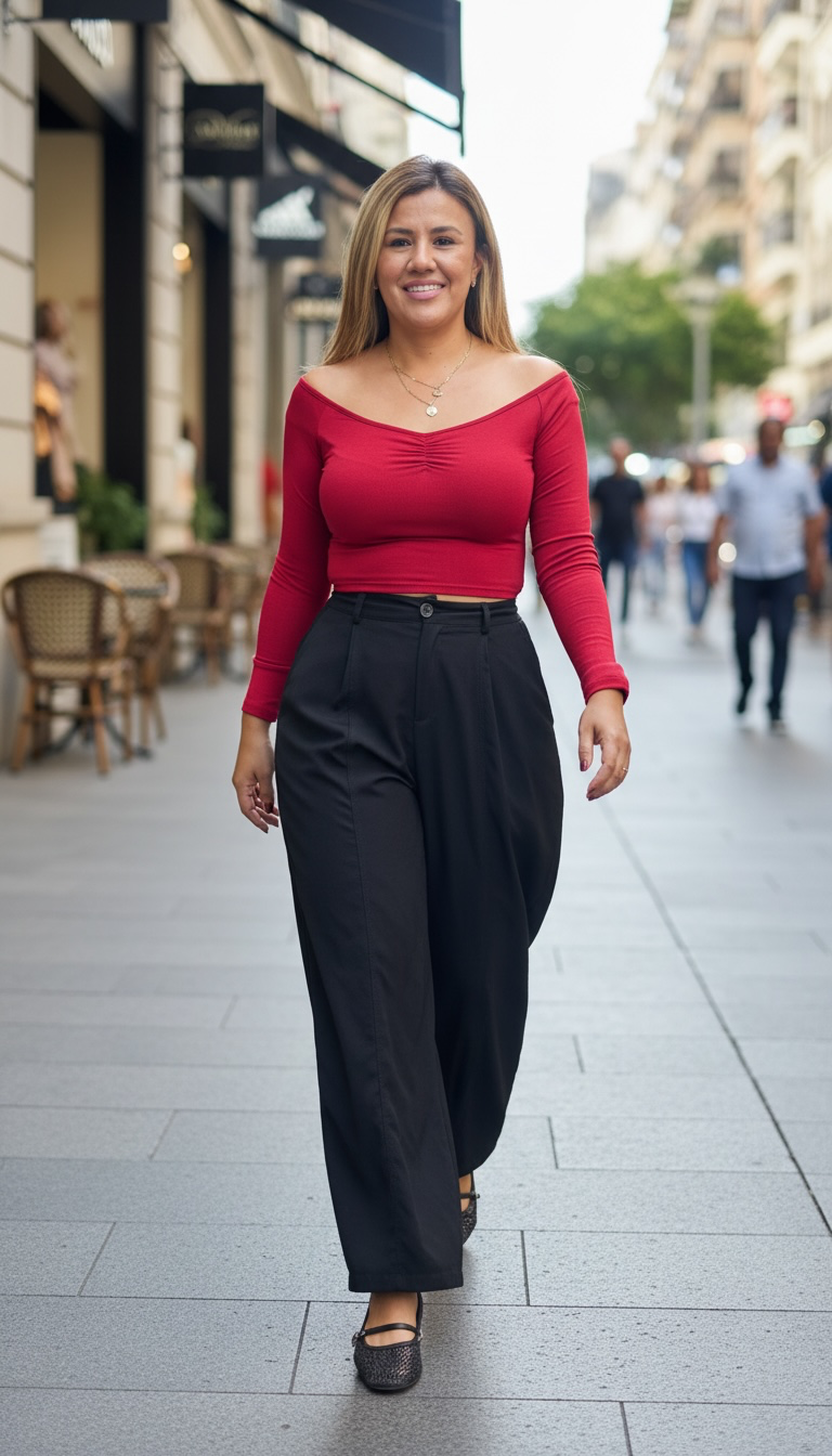 Blusa Roja a Los Hombros de Manga Larga