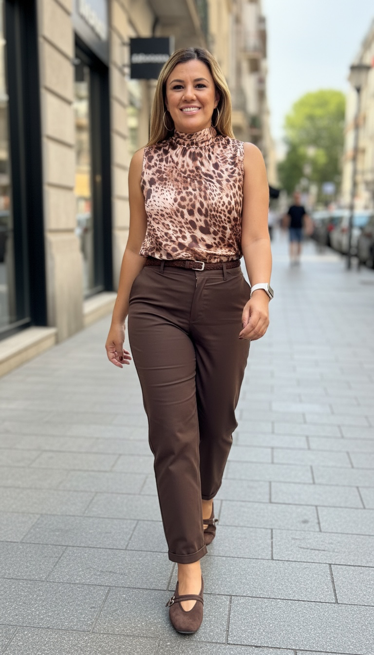 Blusa Tono Café con Rosa Estampado Animal Print