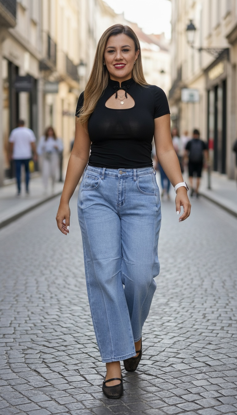 Blusa Negra de Manga Corta con Abertura con Aplicación de Pedrería