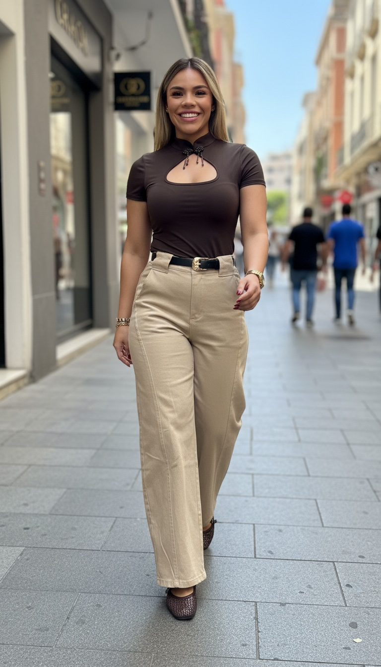 Blusa Café de Manga Corta con Abertura con Aplicación de Pedrería