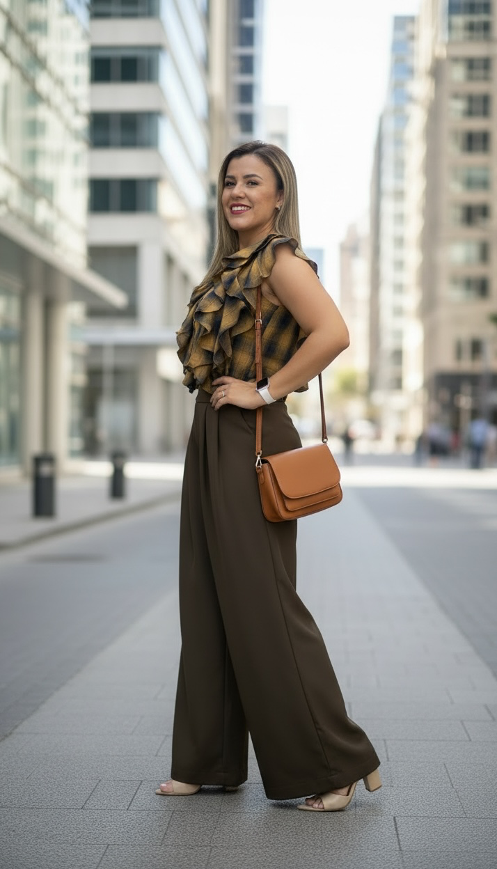 Conjunto De Blusa a Cuadros con Pantalón Café con Aplicacion de Elástico Estampado a Cuadros