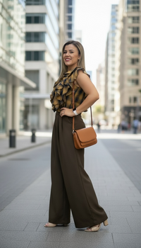 Conjunto De Blusa a Cuadros con Pantalón Café con Aplicacion de Elástico Estampado a Cuadros