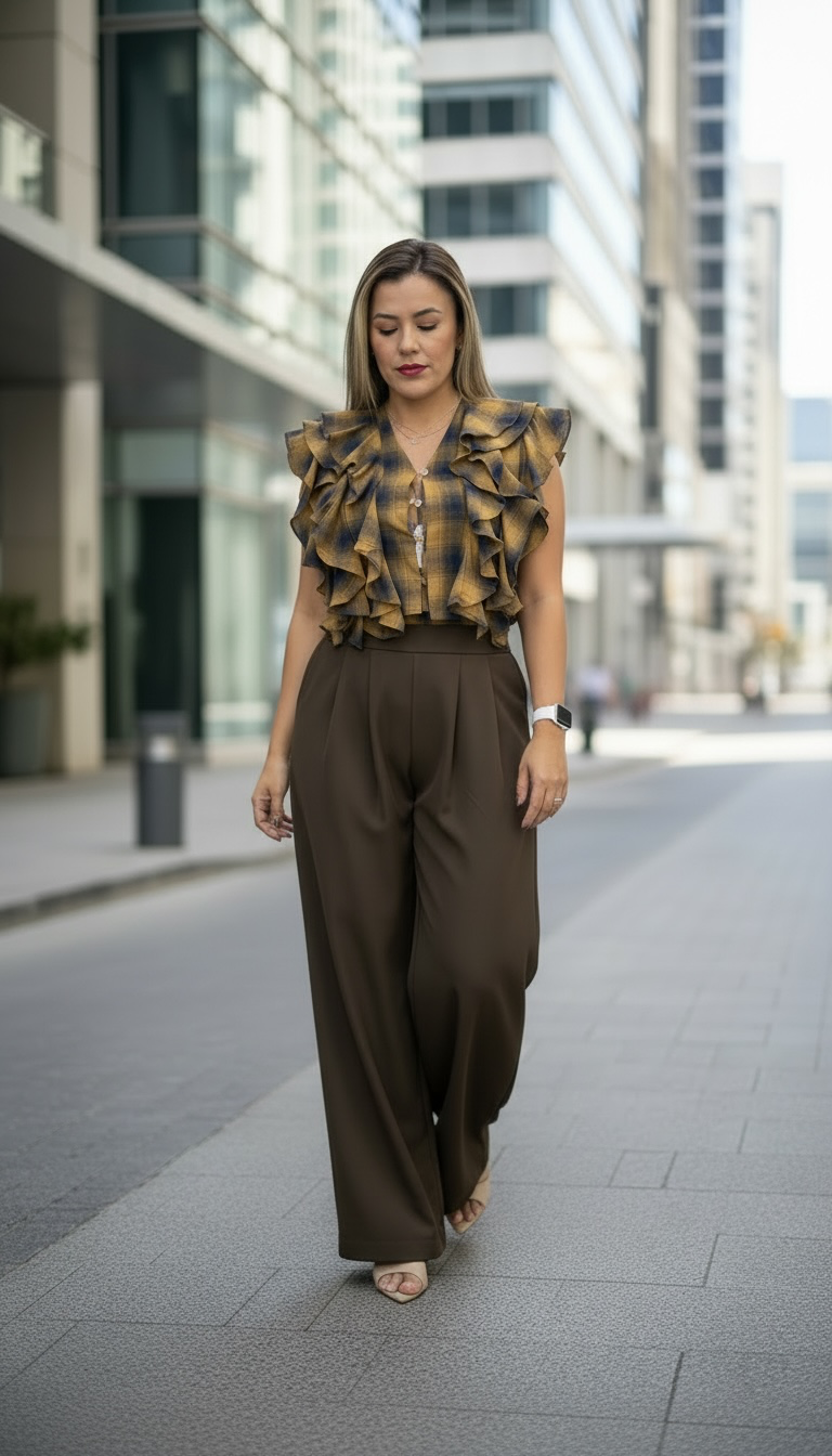 Conjunto De Blusa a Cuadros con Pantalón Café con Aplicacion de Elástico Estampado a Cuadros