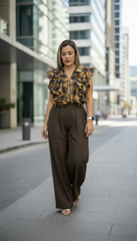 Conjunto De Blusa a Cuadros con Pantalón Café con Aplicacion de Elástico Estampado a Cuadros