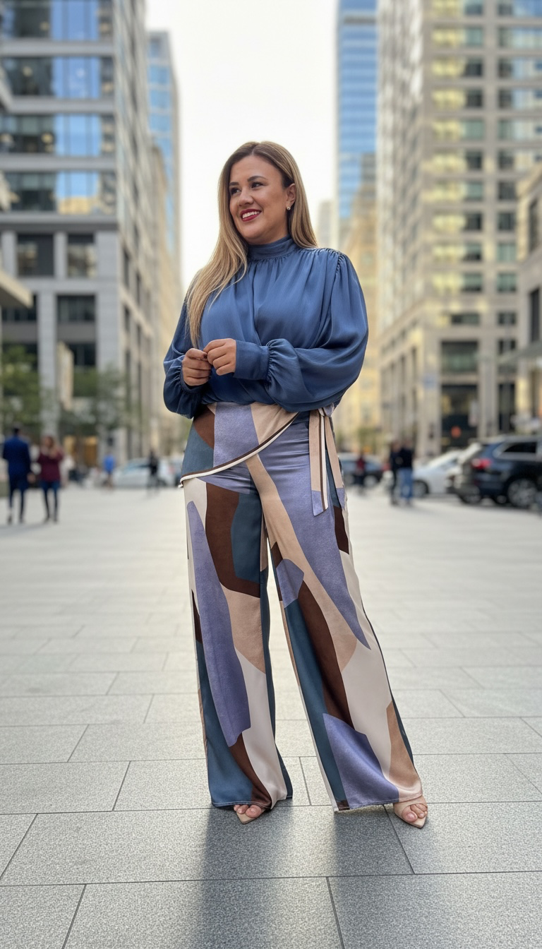 Pantalón Estampado de Cintura Elástica con Tapa Decorativa en Diagonal